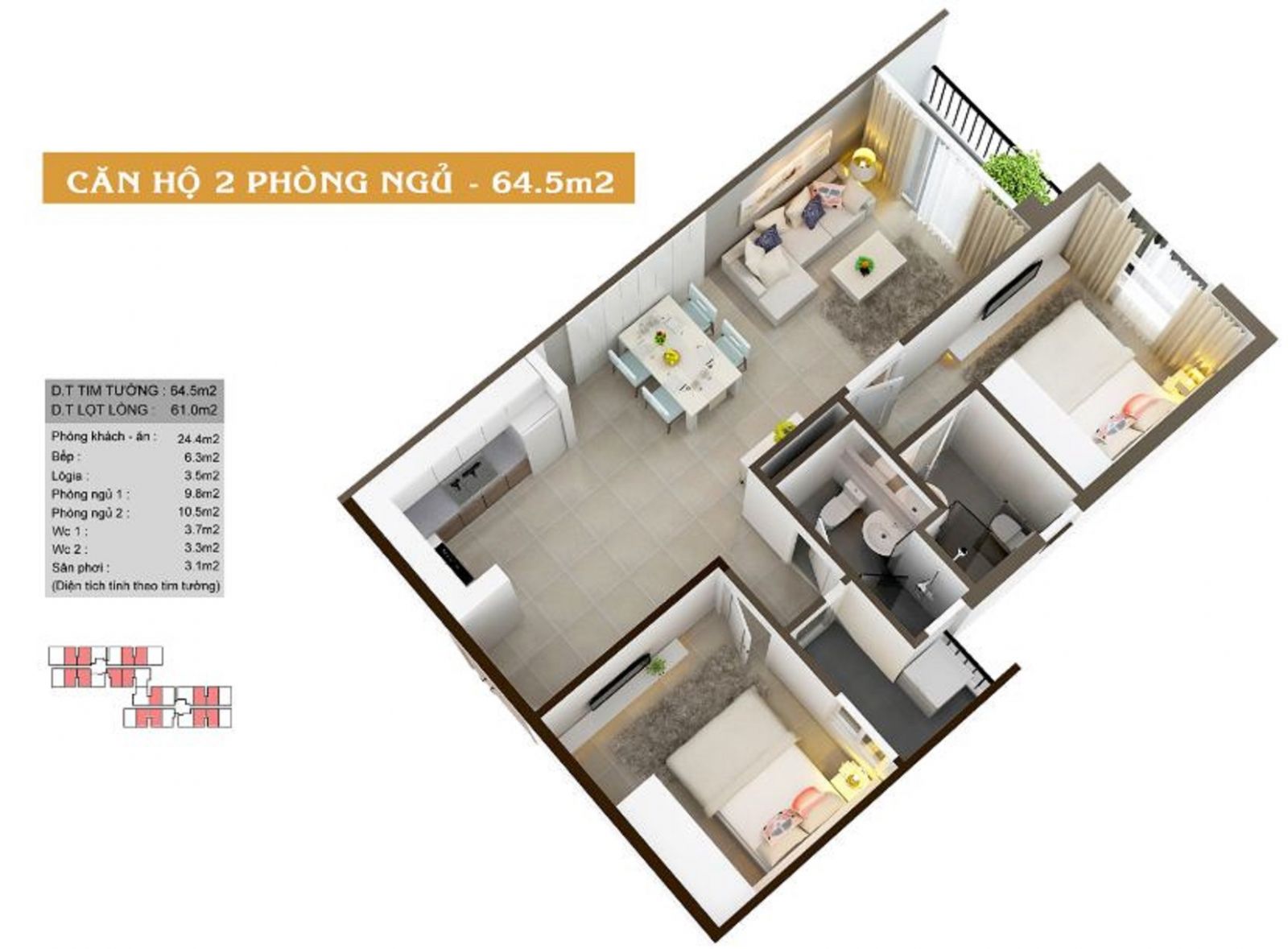 Thiết kế căn hộ 2PN diện tích 64.5m2