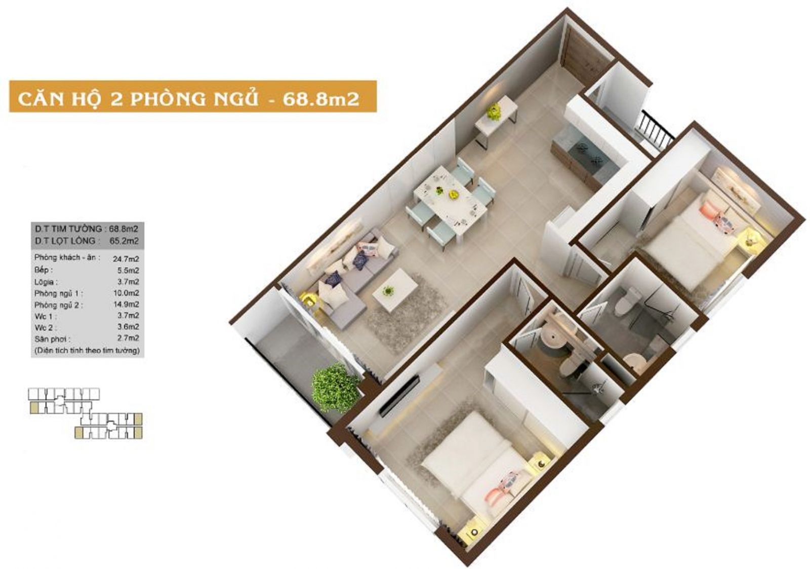 Thiết kế căn hộ 2PN diện tích 68.8m2