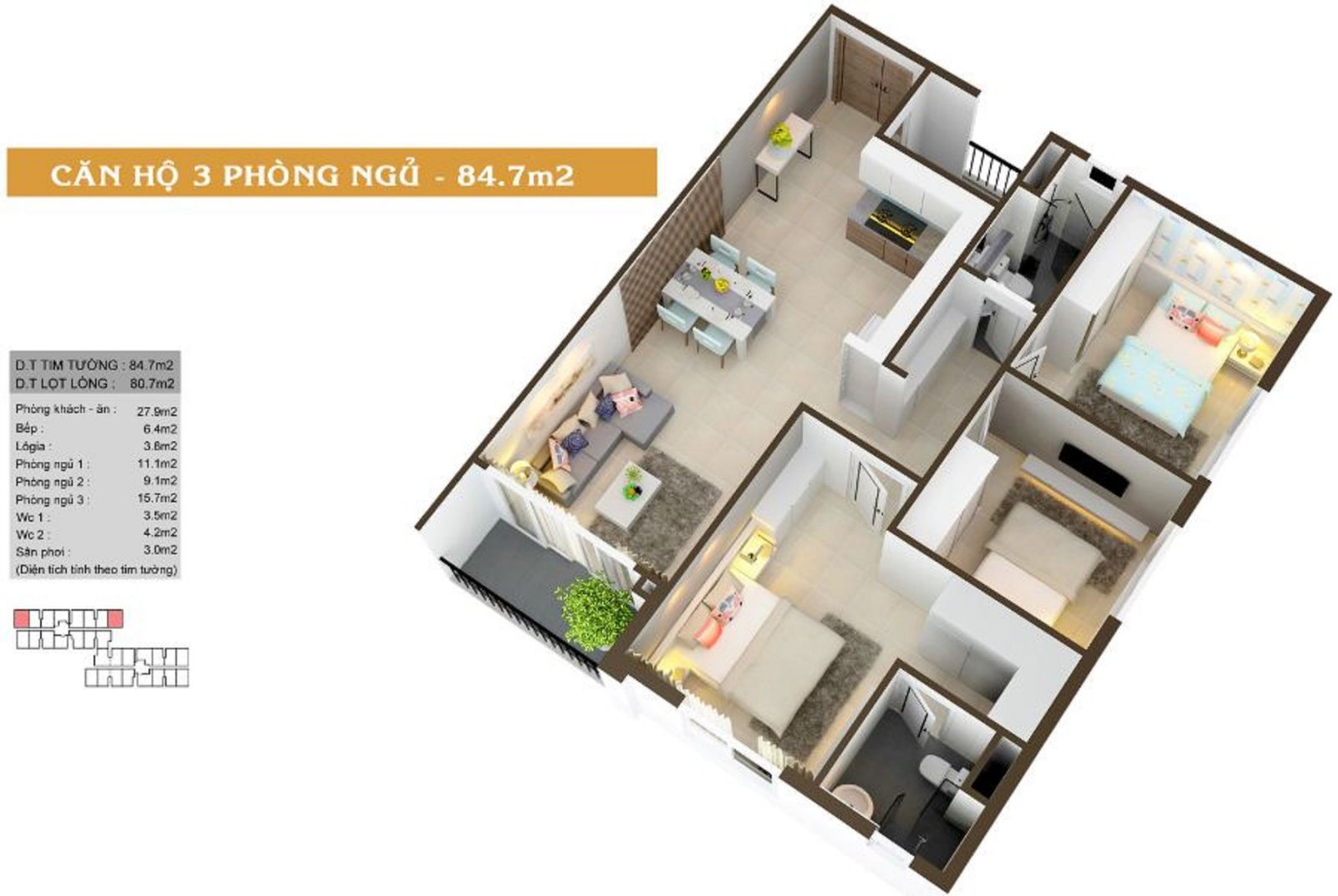 Thiết kế căn hộ 2PN diện tích 84.7m2